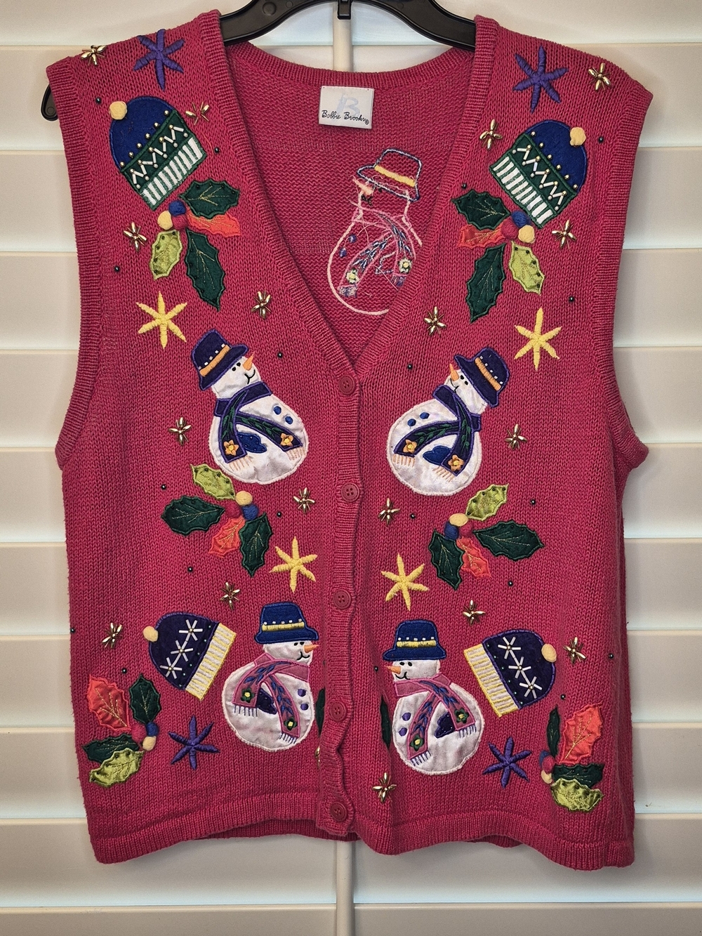 Vintage Bobbie Brooks Red Embroidered Snowman Ugly Christmas Sweater Vest 1990s
